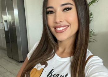 Model Angie Varona in white t-shirt