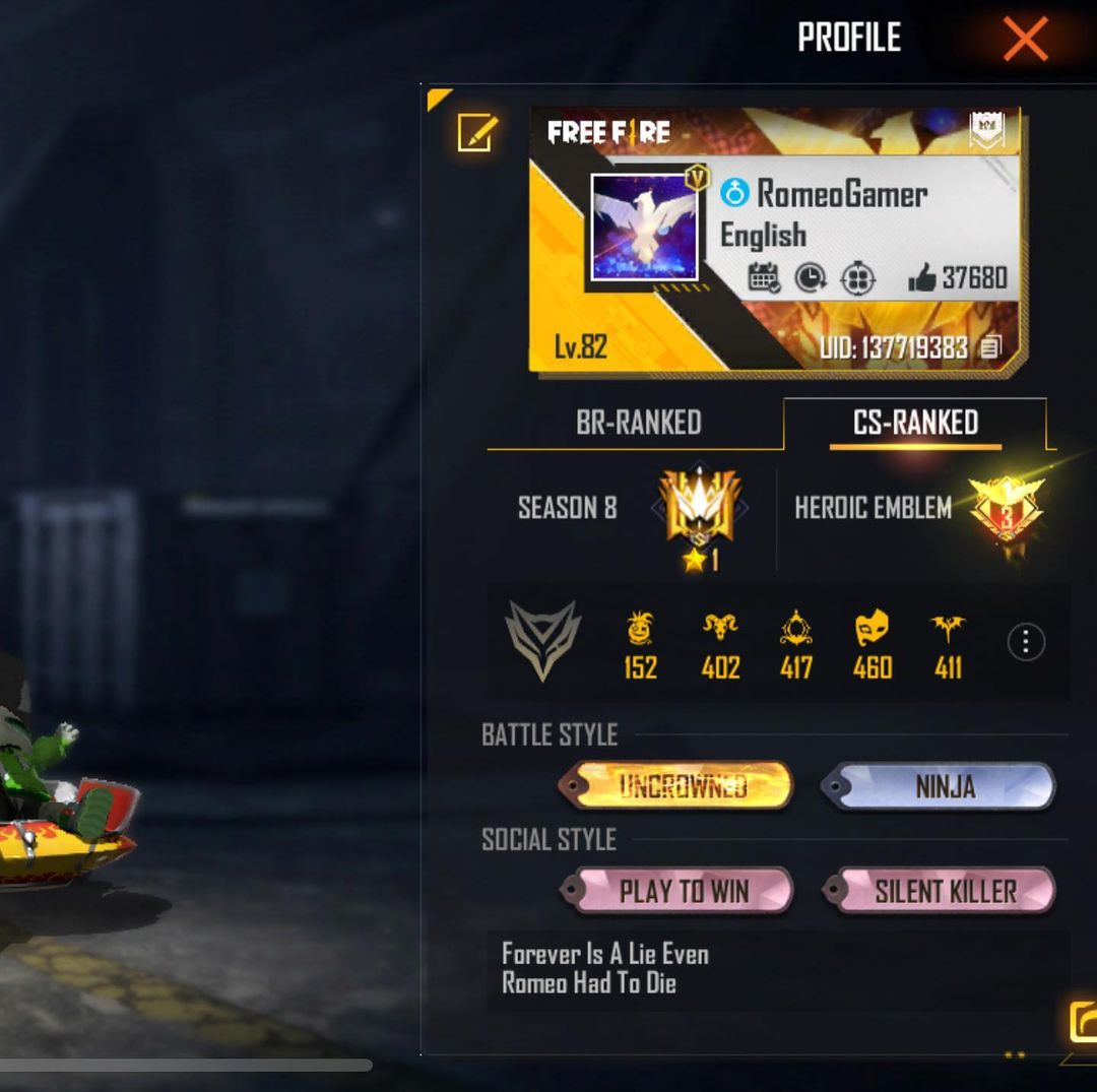 Romeo's Free Fire profile. 