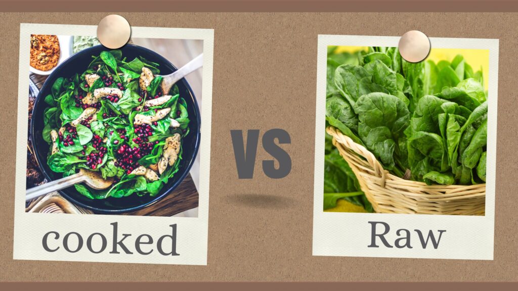 Two photographs showing cooked and raw spinach.