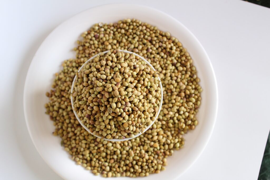 Brown seeds in white bowl