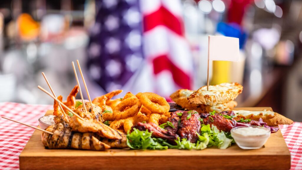 A meal served on table on wooden plate