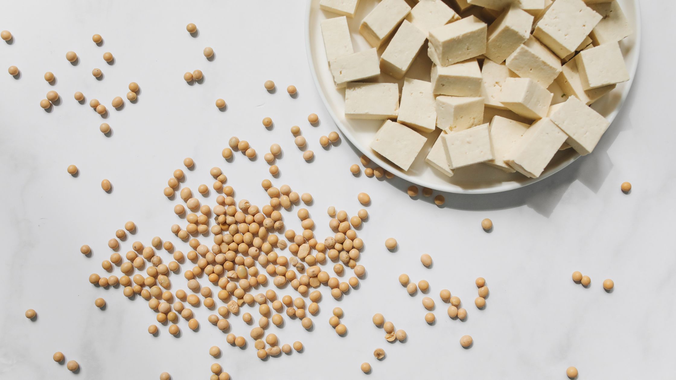 A white plate containing tofu pieces. There are also some soya seeds which are spreaded on the white colored table.