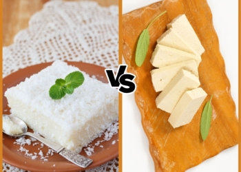Bean curd vs. tofu image. One side of the image is showing bean curd and the other one is showing tofu.