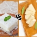 Bean curd vs. tofu image. One side of the image is showing bean curd and the other one is showing tofu.