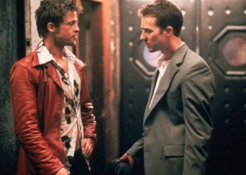 A scene from the film Fight club. Brad Pitt and Edward Norton talking to each other.