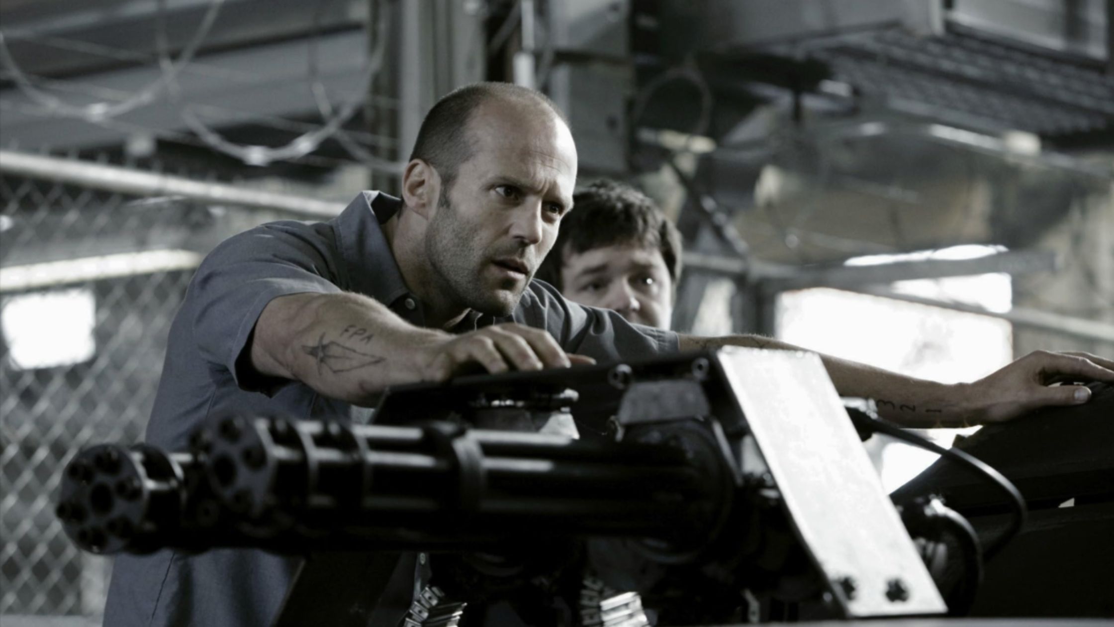 A scene of Jason Statham from the film Death Race.