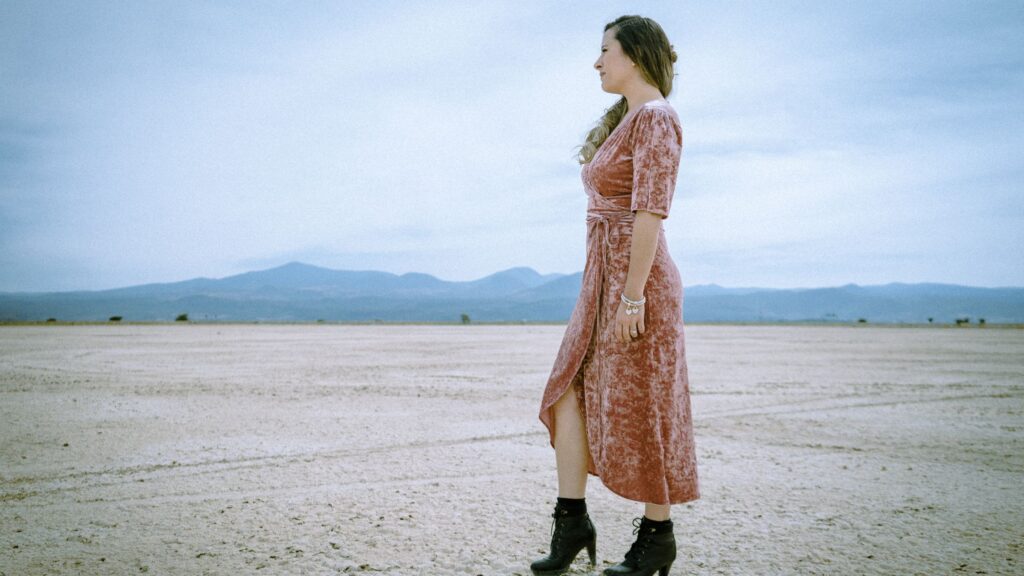 A girl wearing velvet dress