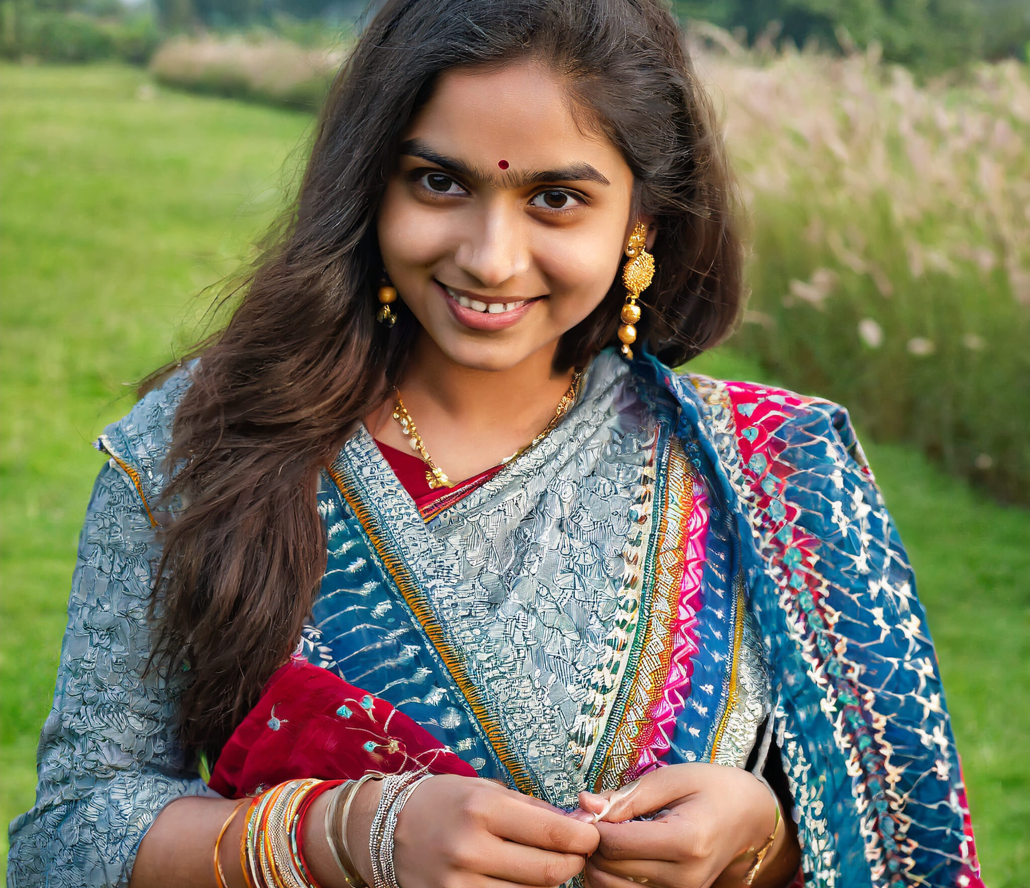 girl wearing woolen crochet over saree