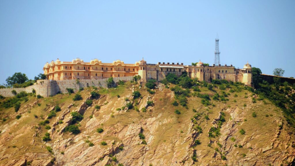 A view of Nahargarh fort located at a hill top.